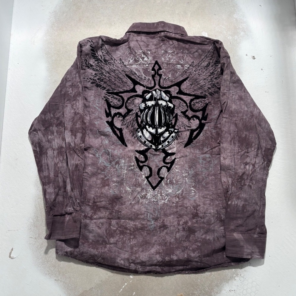 Eighty Eight Mens Large Purple Acid Wash Graphic Knight Griffin Y2K Button Shirt